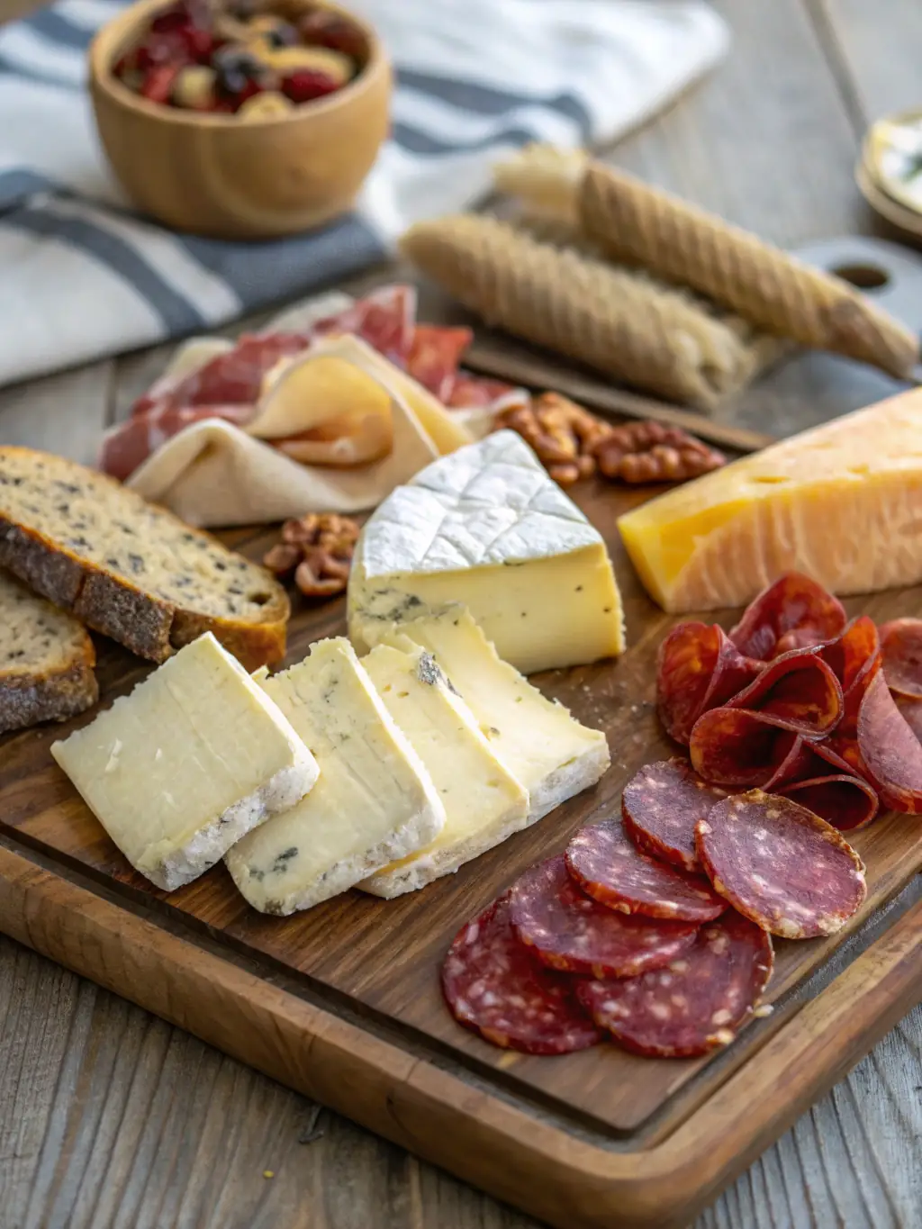A visually appealing image of a variety of artisanal cheeses, showcasing different textures and colors, accompanied by crackers and grapes on a wooden board.