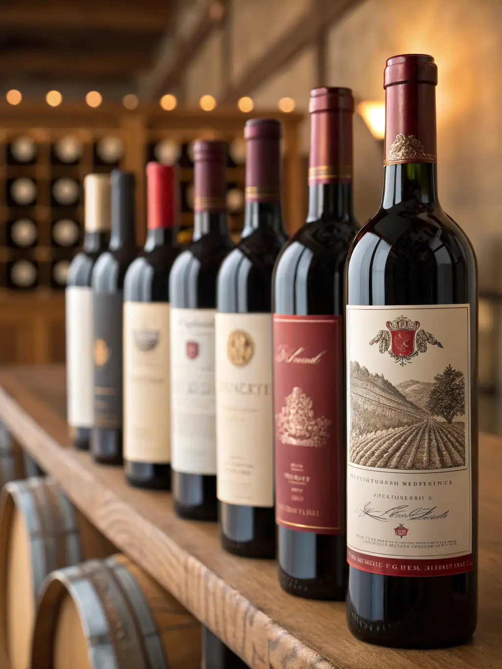 An image showcasing a selection of wines and spirits, with bottles neatly arranged and labels clearly visible, emphasizing the quality and variety of alcoholic beverages distributed by Almacenes Cancela, S.L.