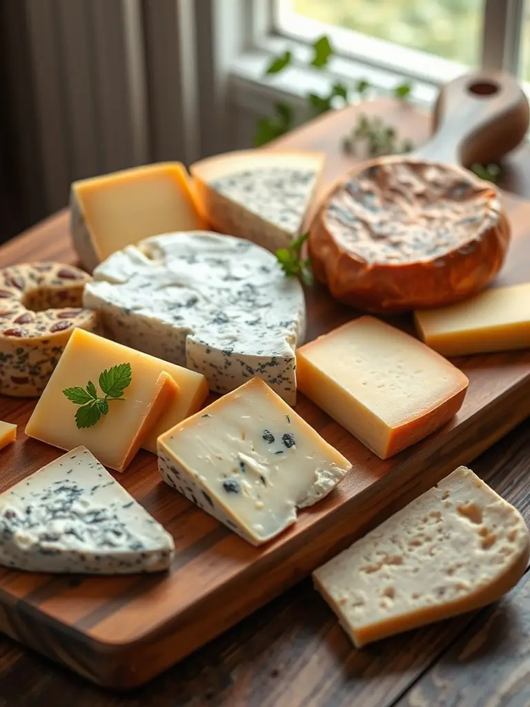 A close-up shot of various gourmet cheeses, cured meats, and artisanal breads displayed on a rustic wooden board, highlighting the quality and sophistication of gourmet foods.