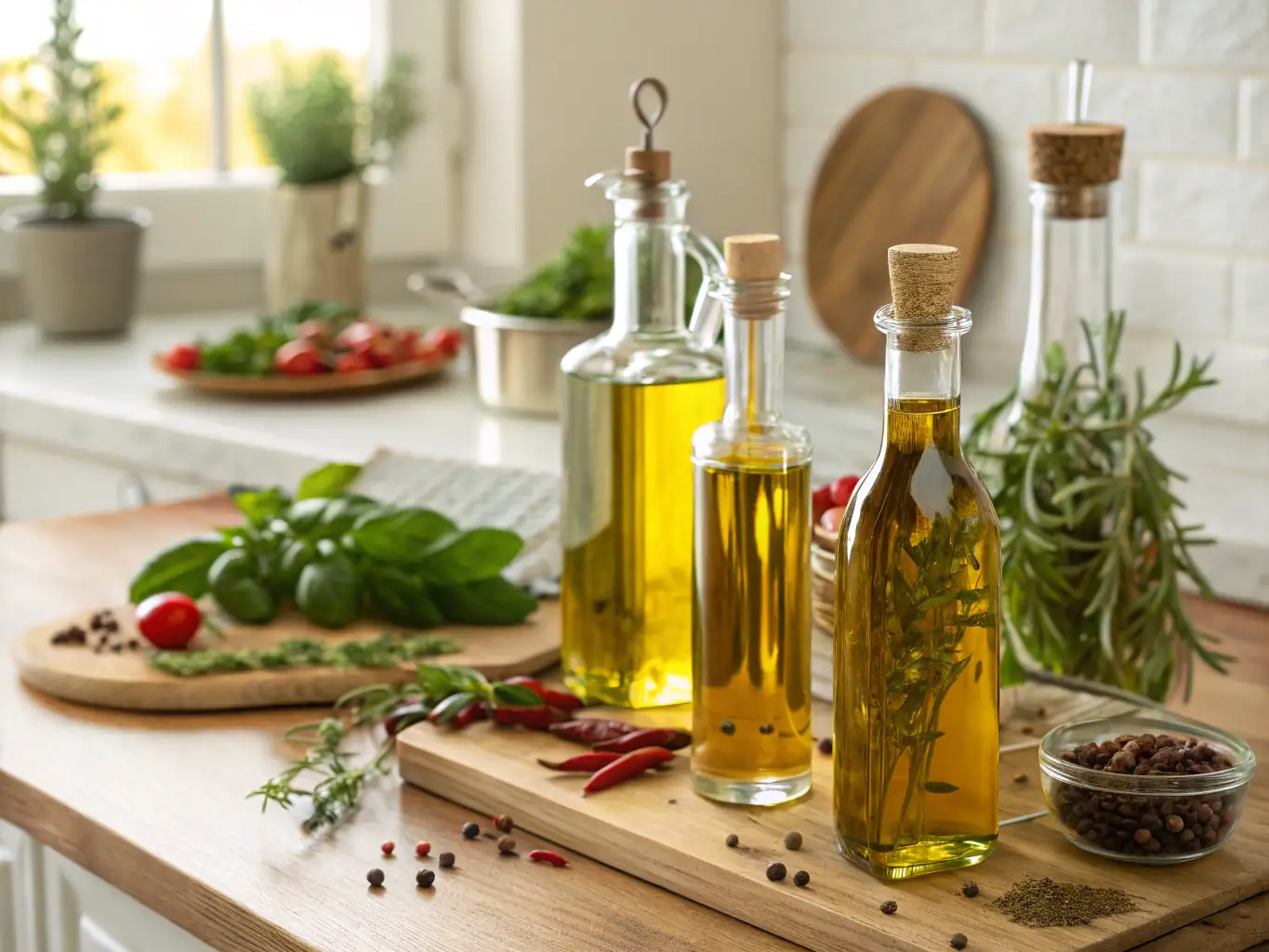 A visually appealing image of a shelf stocked with various imported olive oils and vinegars, showcasing their elegant bottles and labels, with a focus on the variety and quality of the products.