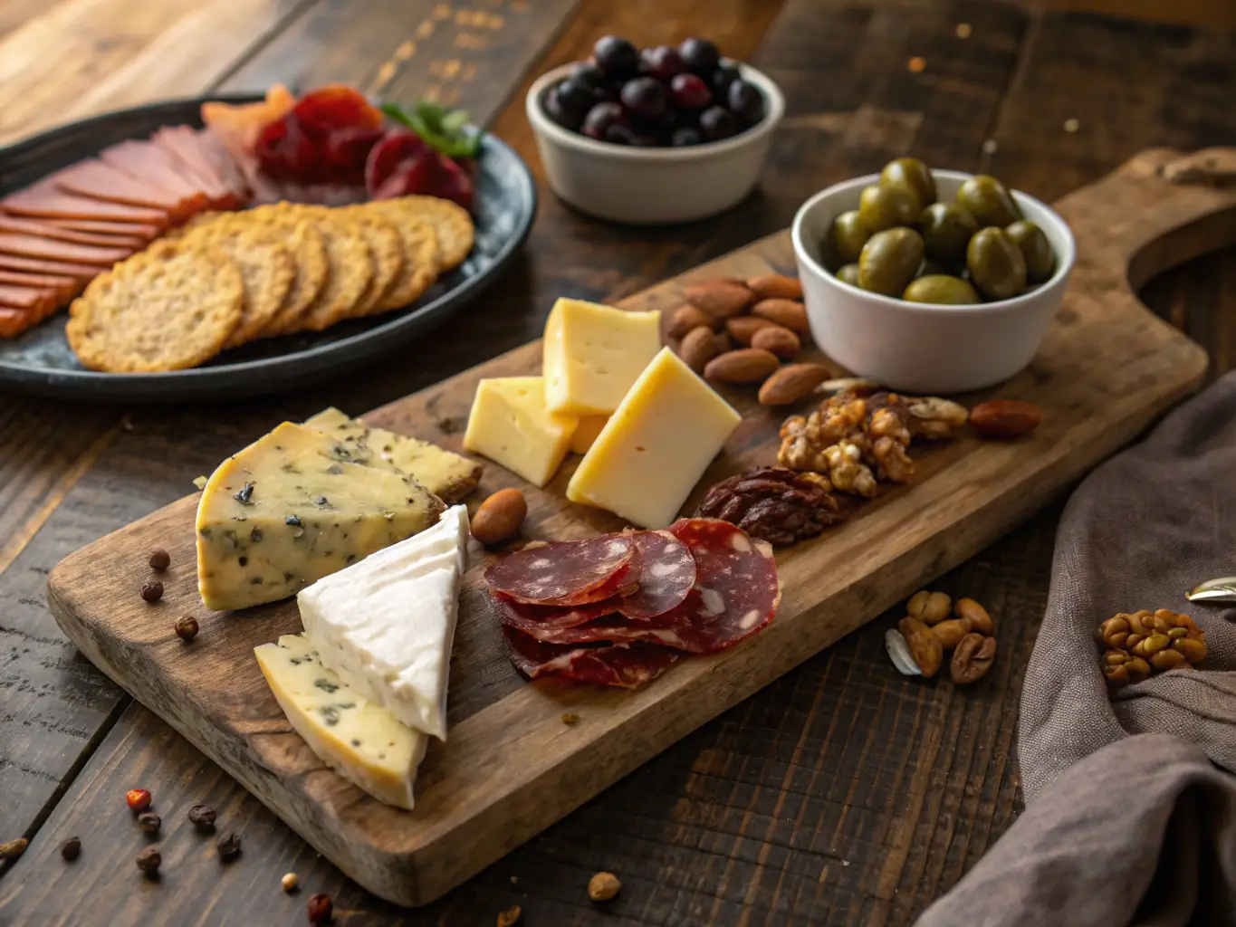 A high-quality photograph of a beautifully arranged charcuterie board featuring a selection of gourmet cheeses, cured meats, olives, and artisanal bread, emphasizing the quality and presentation of the products.