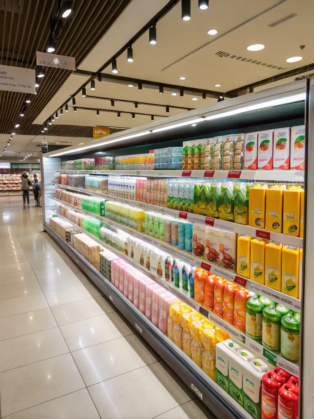 A vibrant photo showcasing an assortment of colorful soft drinks, sparkling water, and juices, arranged artfully on a shelf in a modern supermarket setting, emphasizing variety and refreshment.